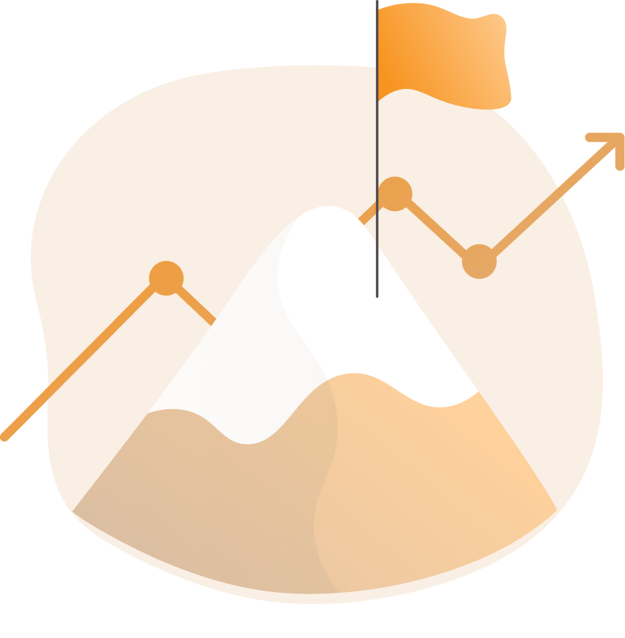 Illustration of a mountain with an orange flag on top and an upward trending graph line with dots