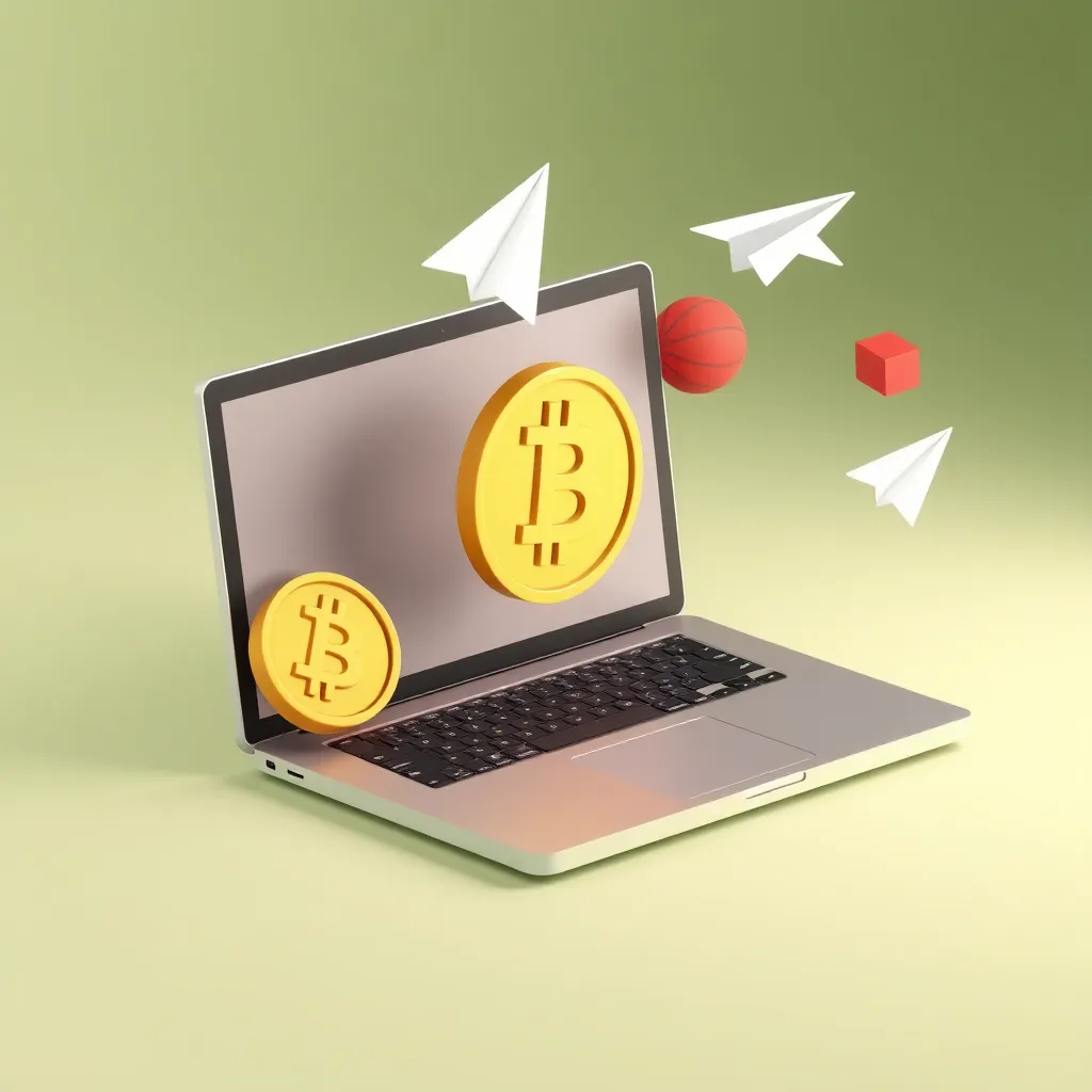 3D laptop with casino related icons floating around it including a basketball, bitcoin coin, paper plane, and a red cube