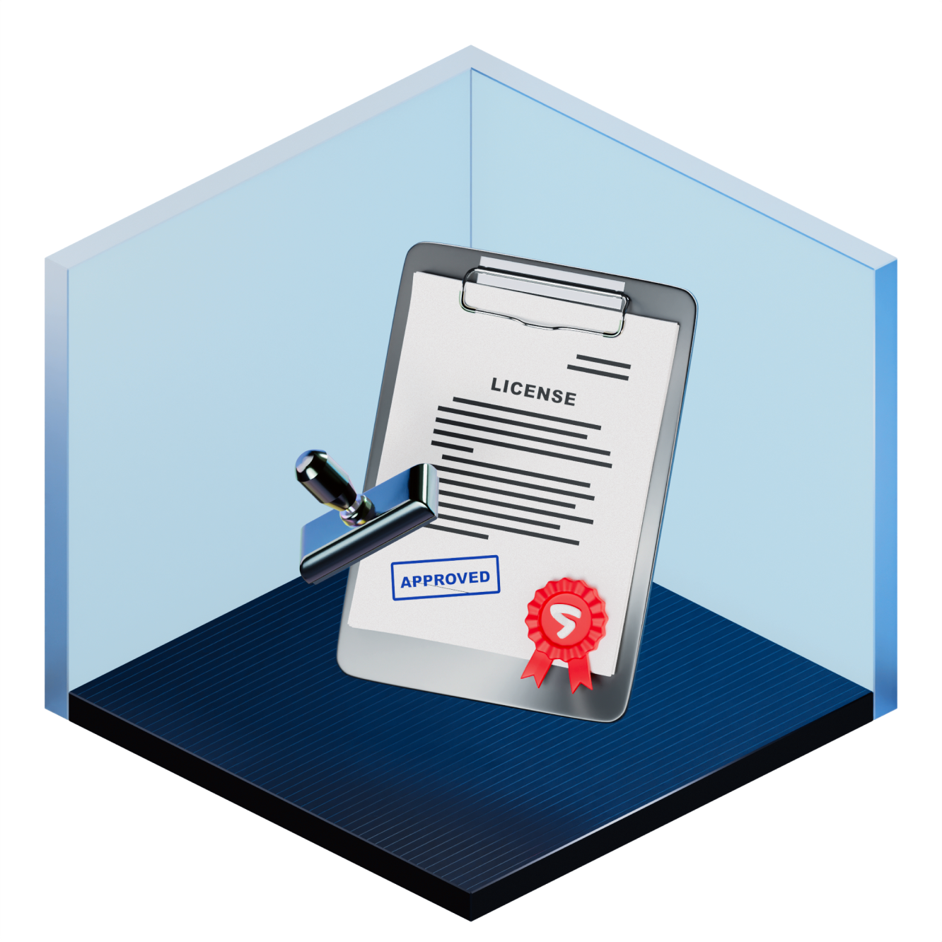 Isometric illustration of a glass case containing a clipboard with a license document, a pen, and a red seal ribbon