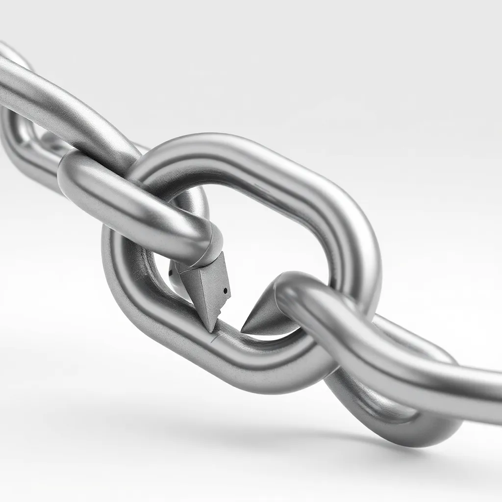 3D rendered image of a broken metallic chain link with a shiny surface