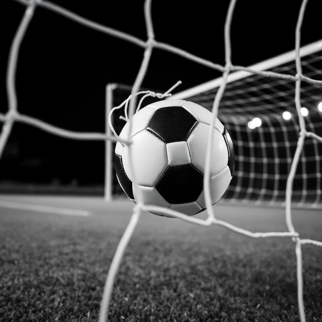 Black and white football ball hitting the net